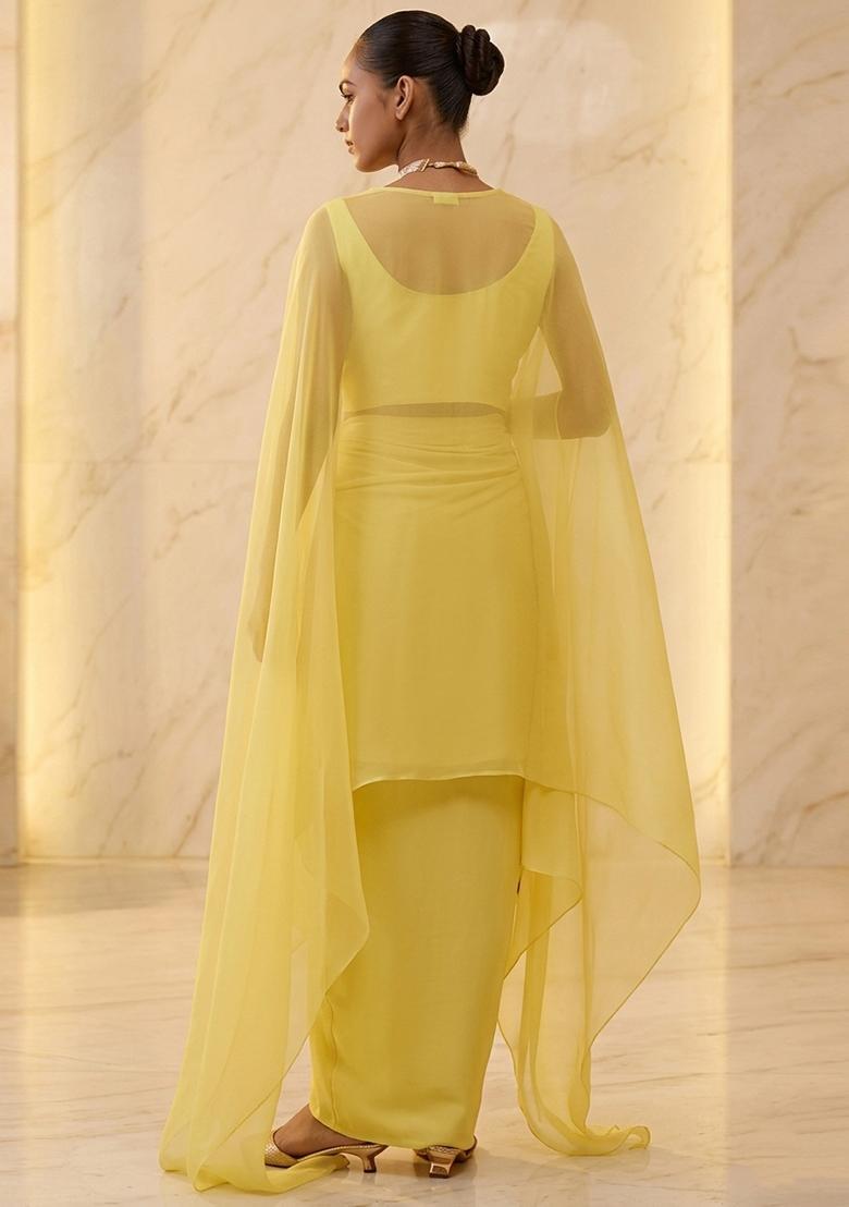 Yellow Embroidered Handwork Fusion Set - Indya