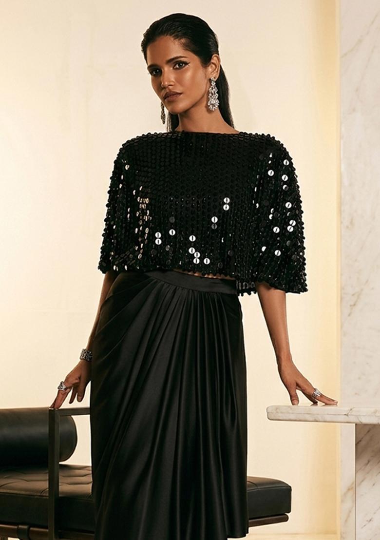 Black Embroidered Handwork Fusion Set - Indya