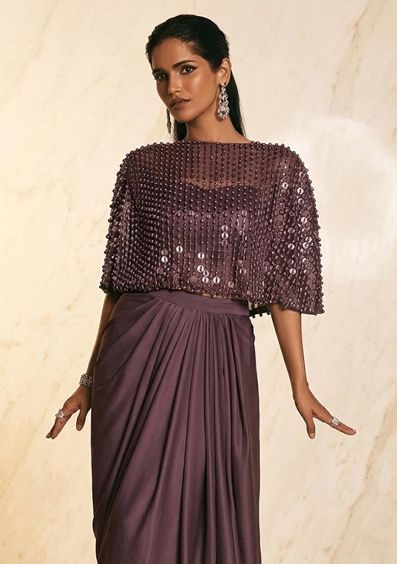 Plum Embroidered Handwork Fusion Set - Indya