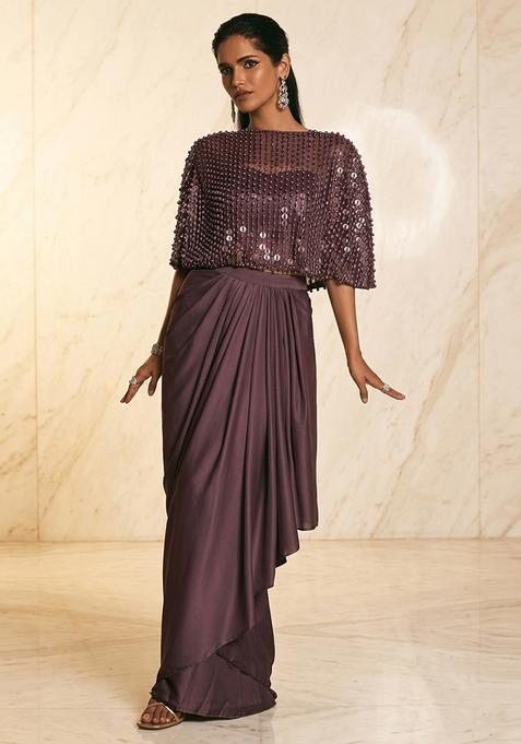 Plum Embroidered Handwork Fusion Set