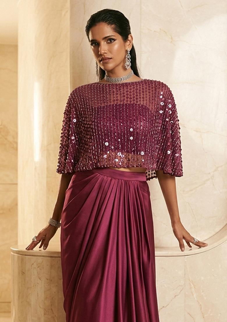 Mauve Embroidered Handwork Fusion Set - Indya