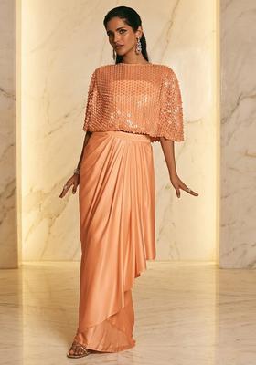 Peach Embroidered Handwork Fusion Set