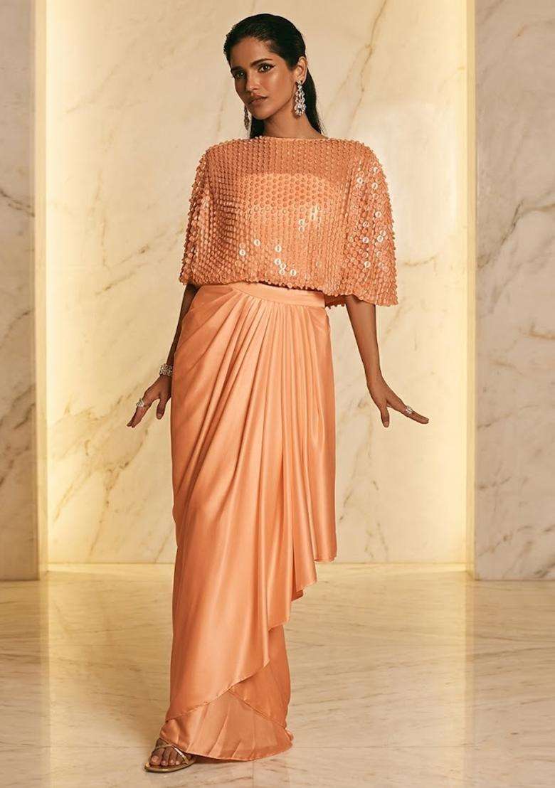 Peach Embroidered Handwork Fusion Set - Indya