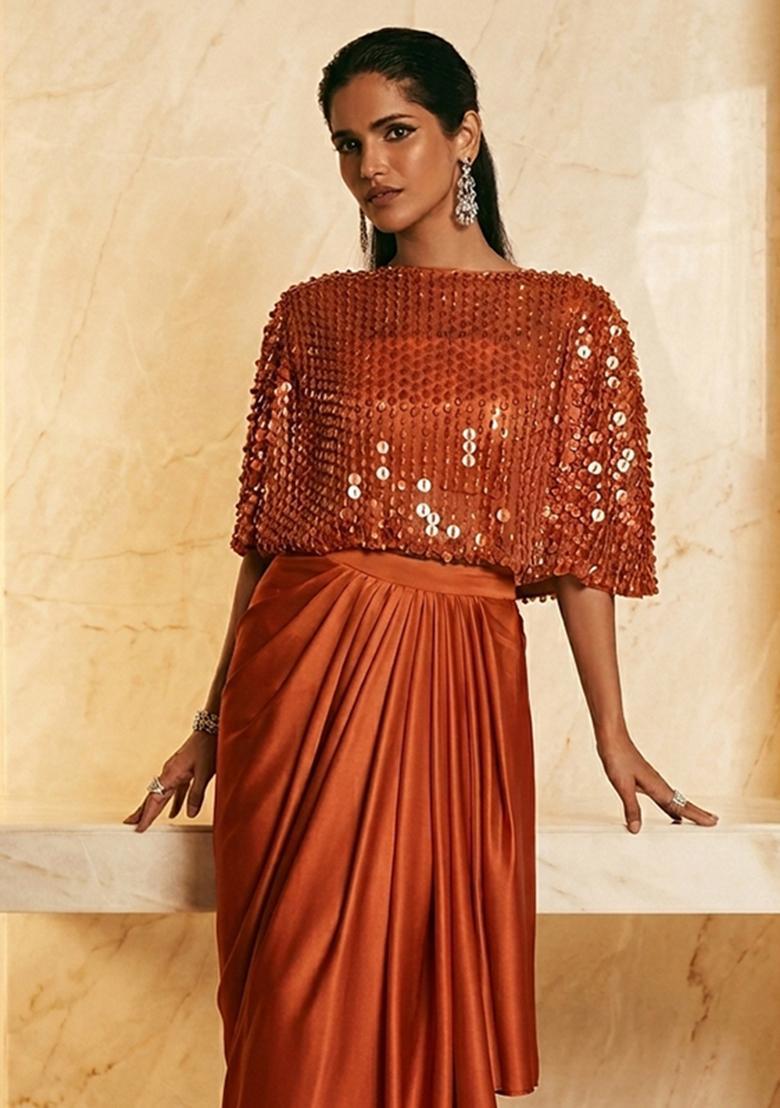 Rust Embroidered Handwork Fusion Set - Indya