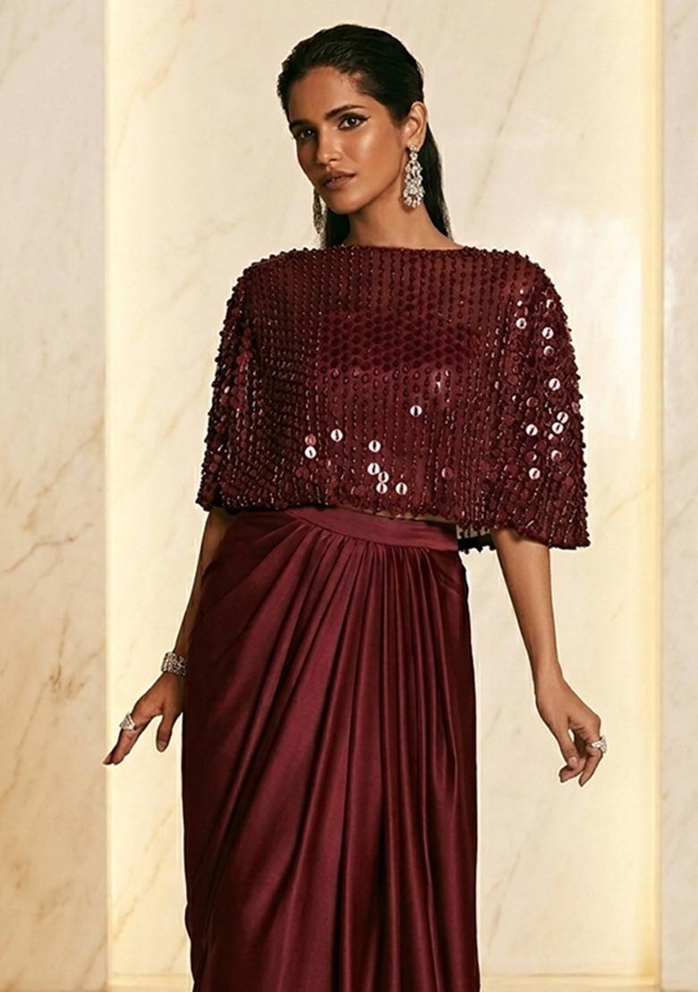 Wine Embroidered Handwork Fusion Set - Indya