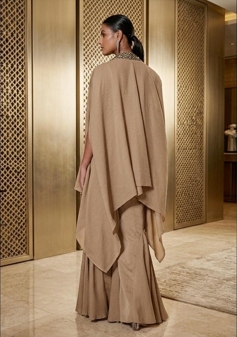 Beige Embroidered Handwork Fusion Set - Indya