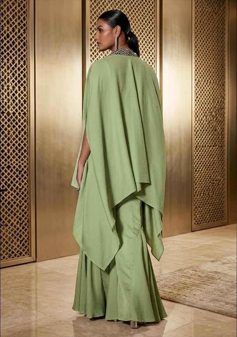 Olive Green Embroidered Handwork Fusion Set - Indya