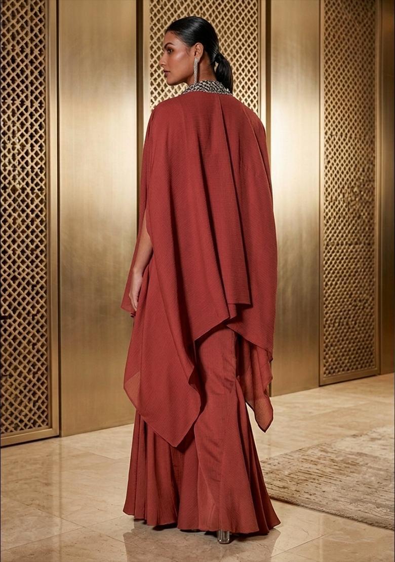 Rust Embroidered Handwork Fusion Set - Indya