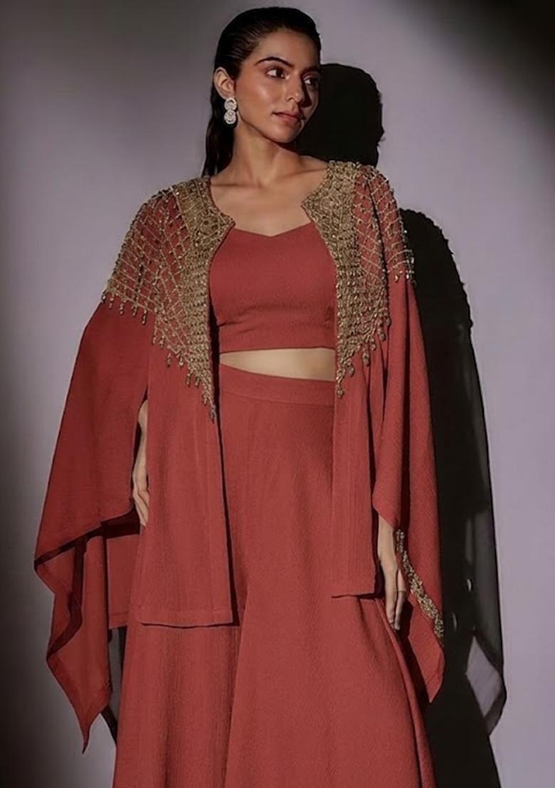 Rust Embroidered Handwork Fusion Set - Indya