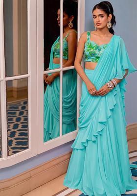 Light Blue Printed Crepe Pre Draped Saree Set