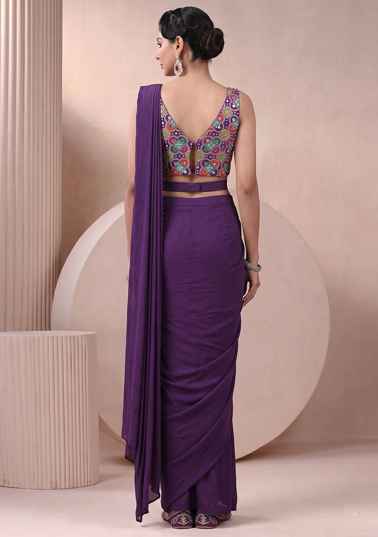 Purple Printed Crepe Pre Draped Saree Set - Indya