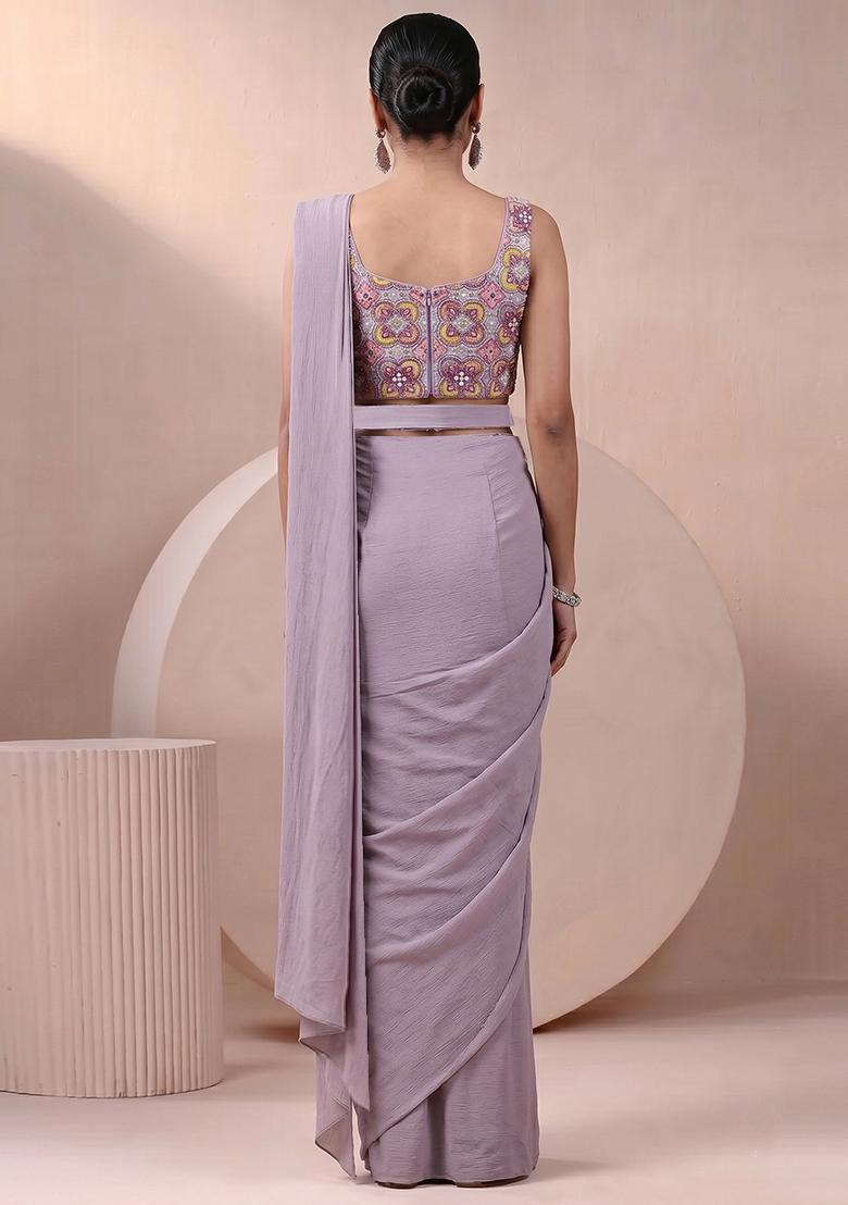 Mauve Printed Crepe Pre Draped Saree Set - Indya