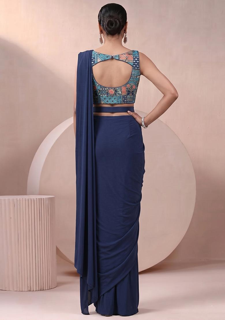 Navy Blue Printed Crepe Pre Draped Saree Set - Indya