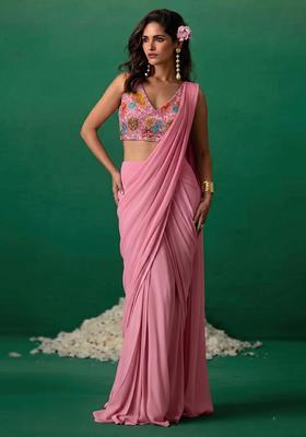 Light Pink Printed Crepe Pre Draped Saree Set