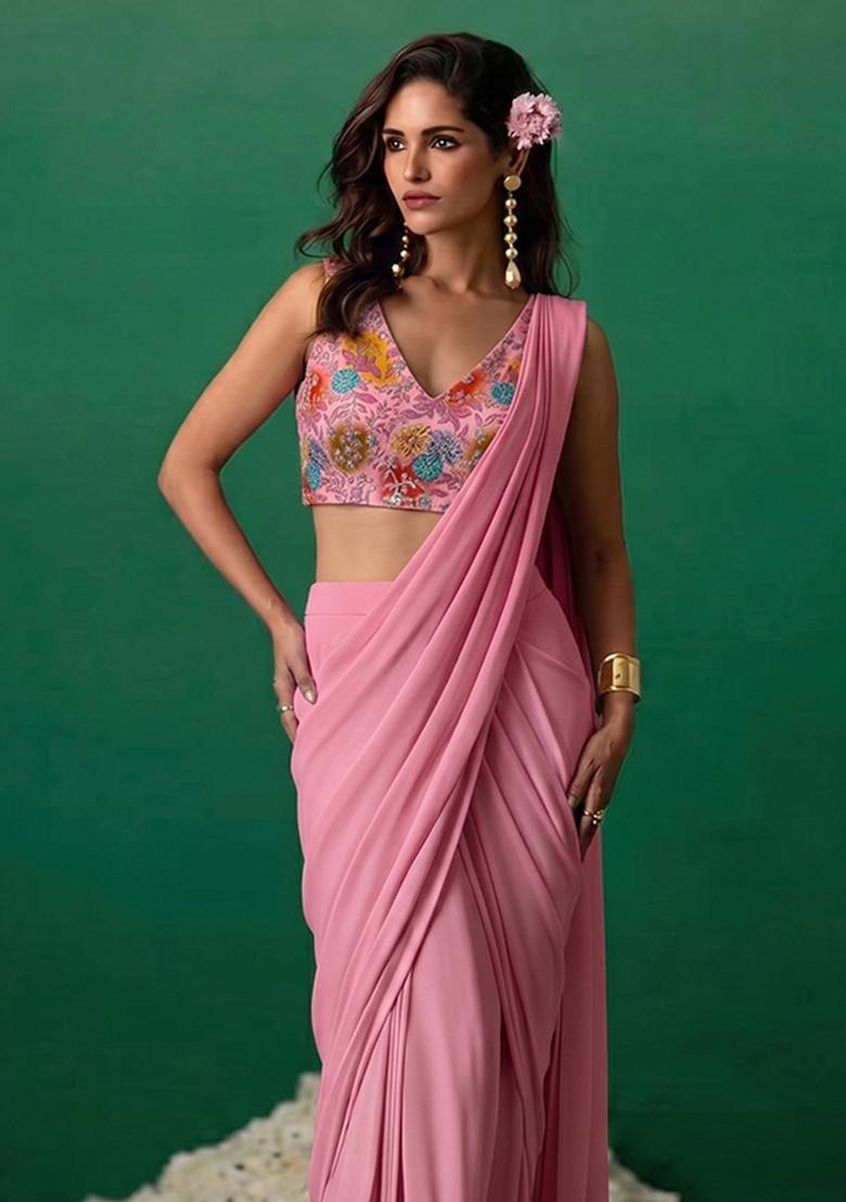 Light Pink Printed Crepe Pre Draped Saree Set - Indya