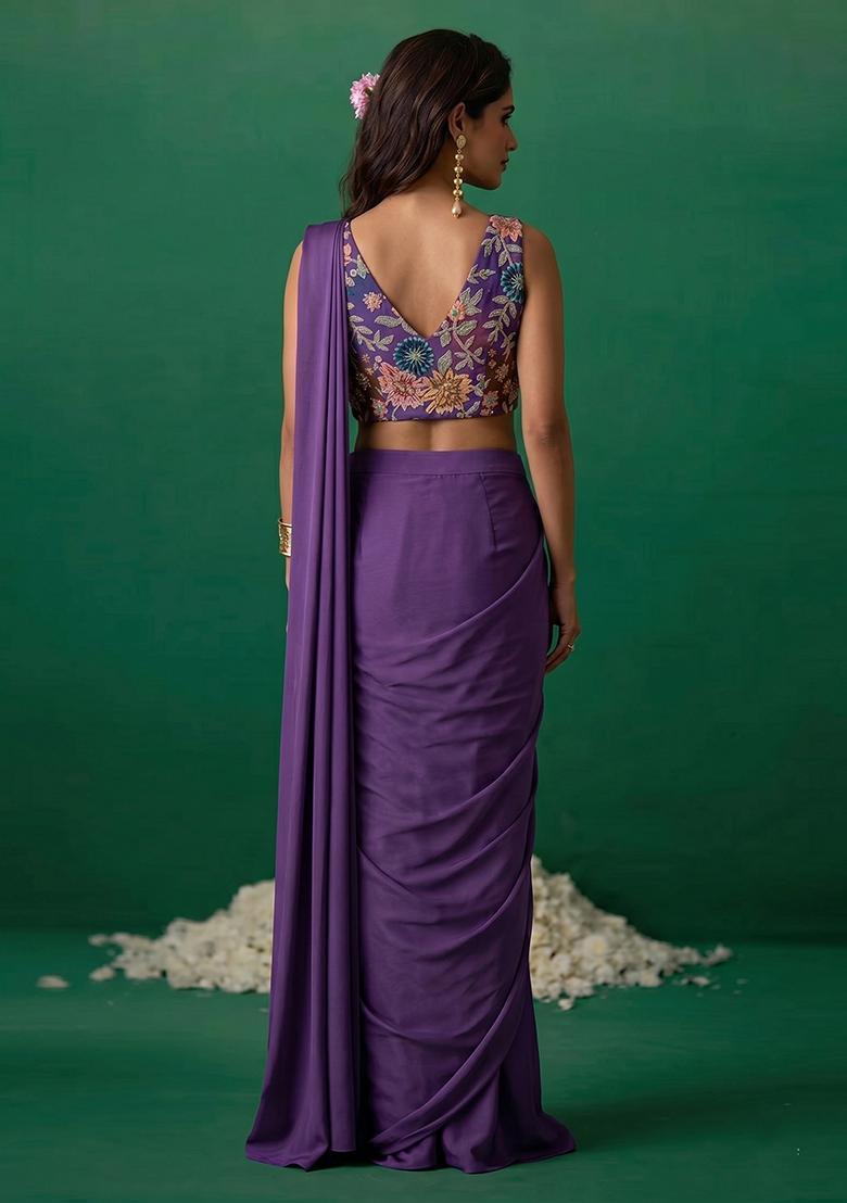 Dark Purple Printed Organza Pre Draped Saree Set - Indya