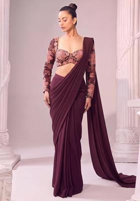 Deep Maroon Printed Organza Pre Draped Saree Set