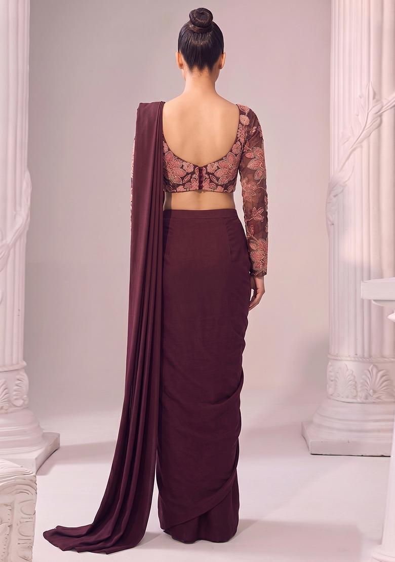 Deep Maroon Printed Organza Pre Draped Saree Set - Indya