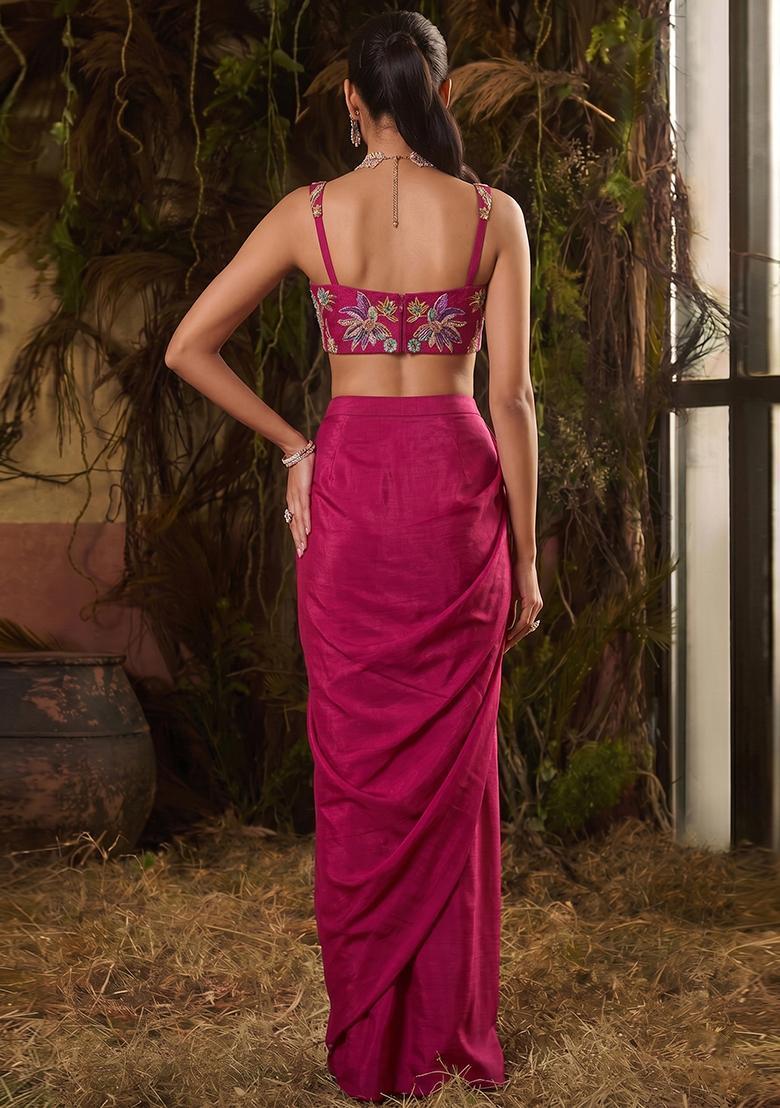 Pink Printed Crepe Pre Draped Saree Set - Indya