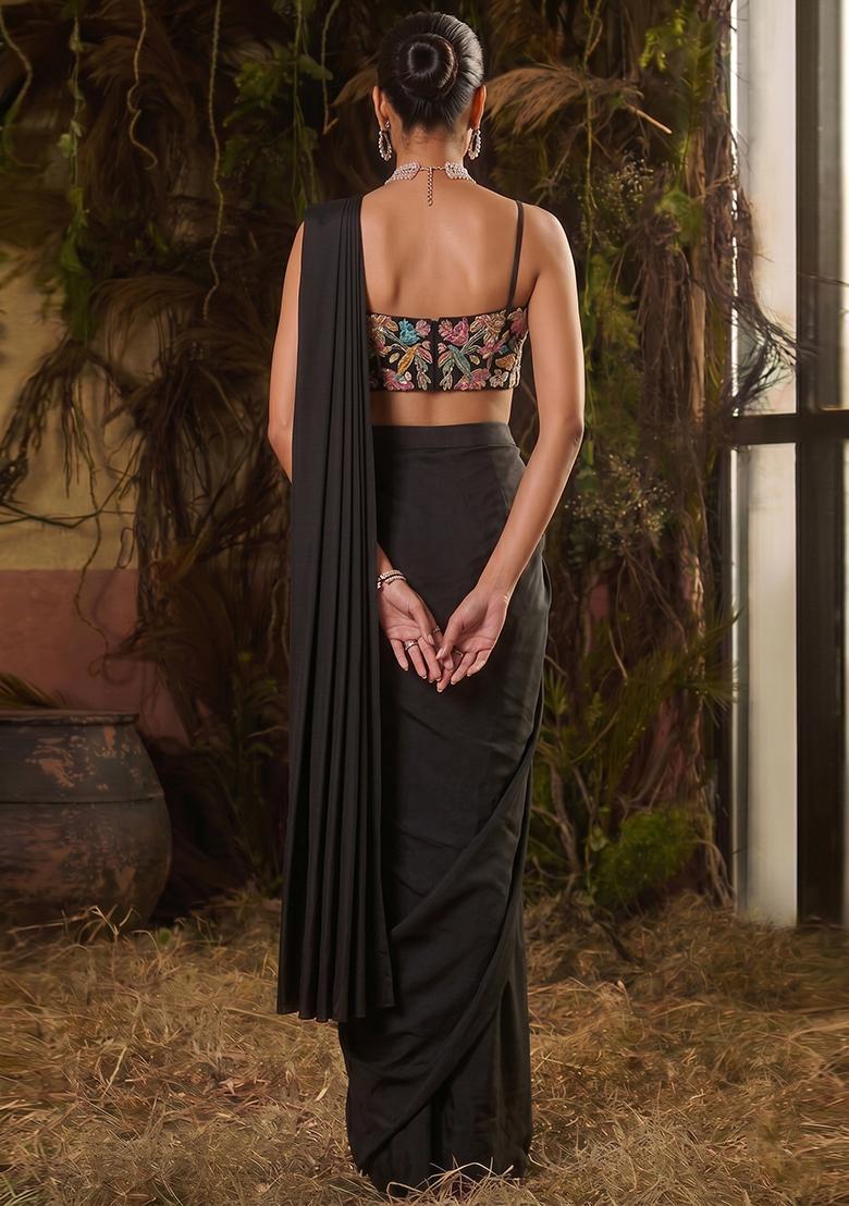 Black Printed Crepe Pre Draped Saree Set - Indya
