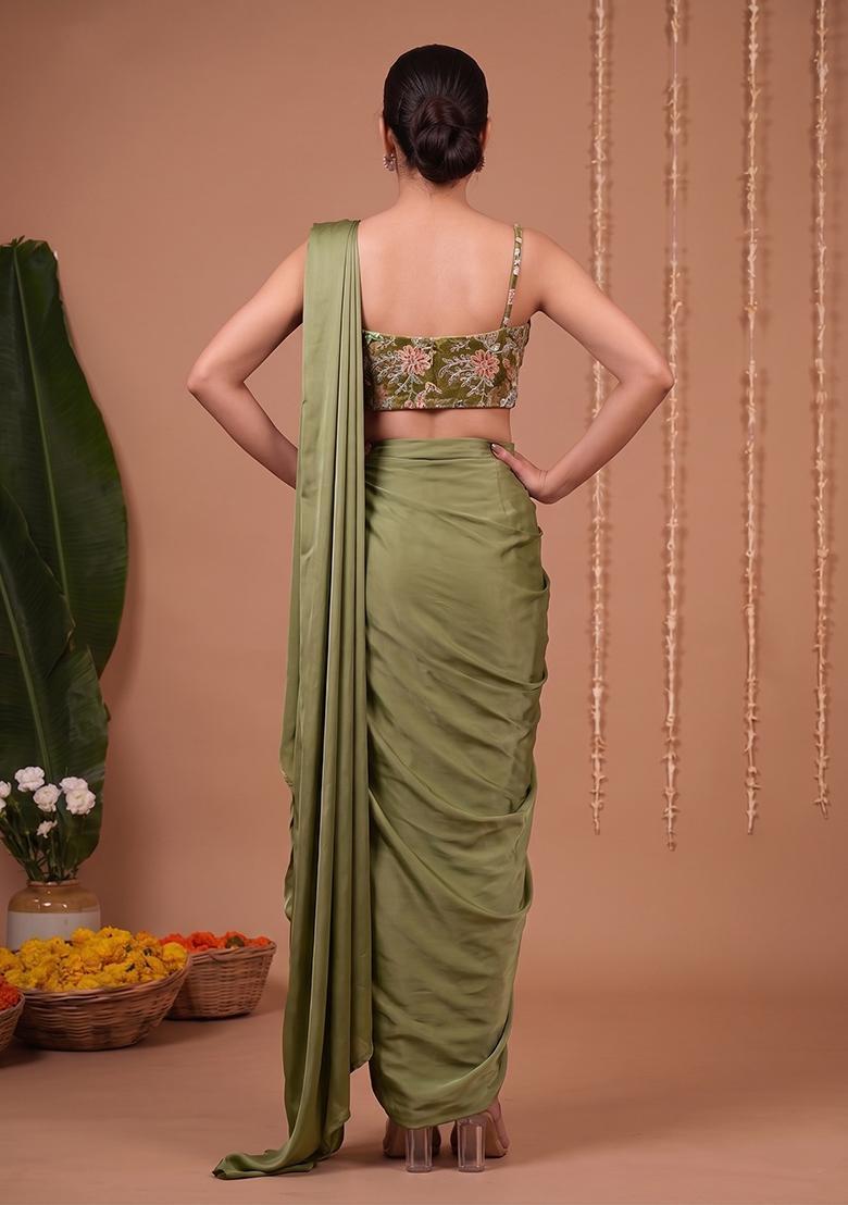Olive Green Printed Crepe Pre Draped Saree Set - Indya