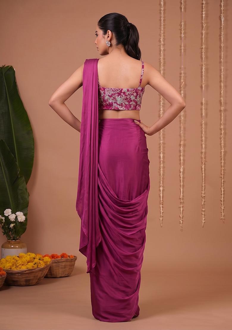 Dark Pink Printed Crepe Pre Draped Saree Set - Indya