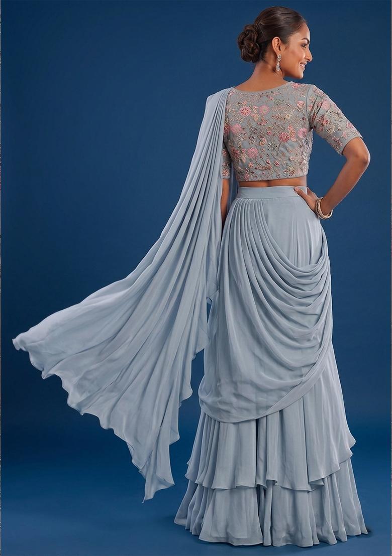 Light Blue Sequin Crepe Pre Draped Saree Set - Indya