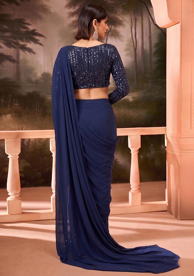 Navy Blue Sequin Net Pre Draped Saree Set - Indya