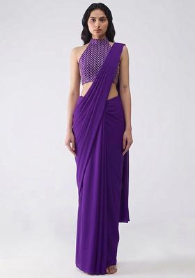 Navy Blue Silk Blend Pre Draped Saree Set
