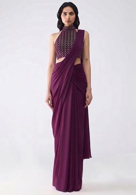 Wine Silk Blend Pre Draped Saree Set