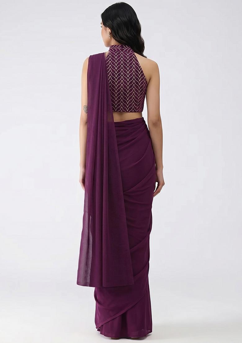 Wine Silk Blend Pre Draped Saree Set - Indya