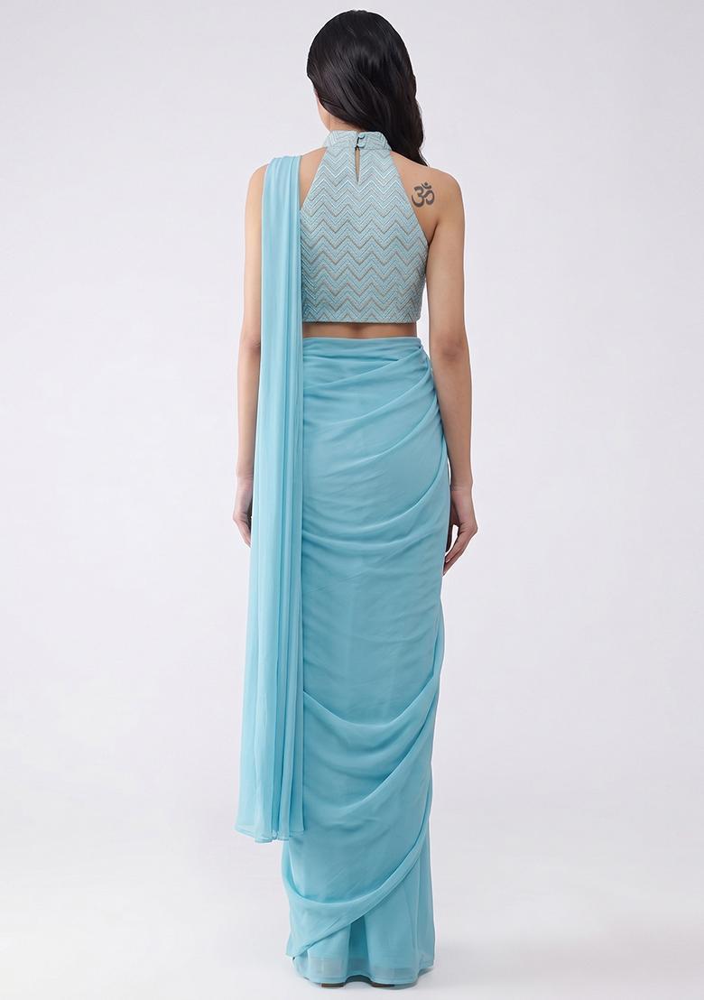 Light Blue Silk Blend Pre Draped Saree Set - Indya
