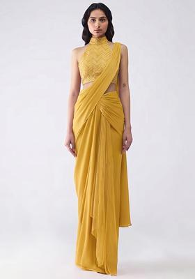 Yellow Silk Blend Pre Draped Saree Set