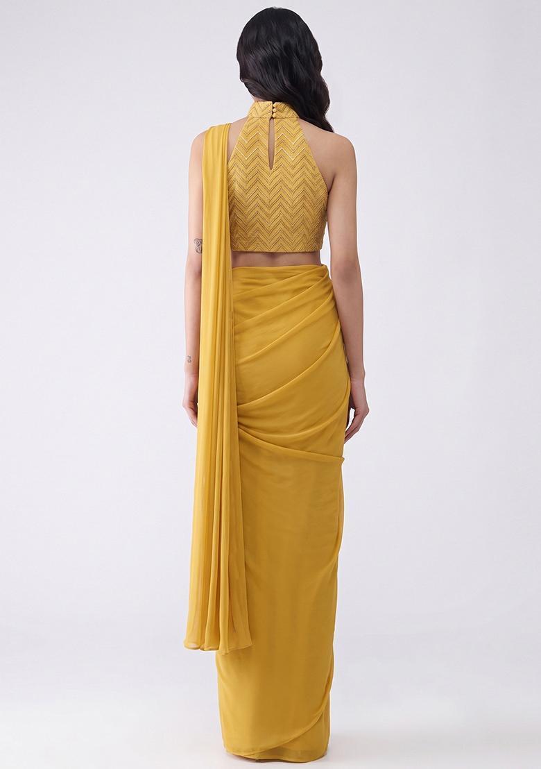 Yellow Silk Blend Pre Draped Saree Set - Indya