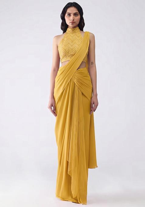 Yellow Silk Blend Pre Draped Saree Set