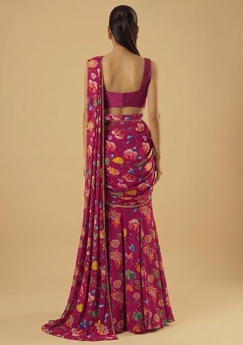 Pink Printed Chinon Pre Draped Saree Set - Indya