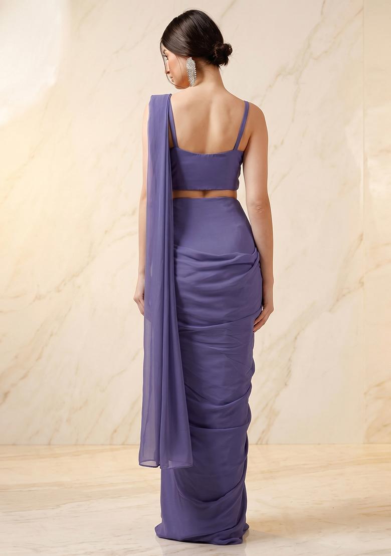 Purple Embroidered Handwork Pre Draped Saree Set - Indya