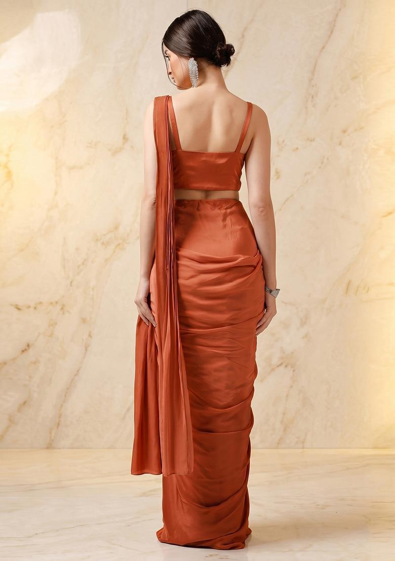 Rust Embroidered Handwork Pre Draped Saree Set - Indya