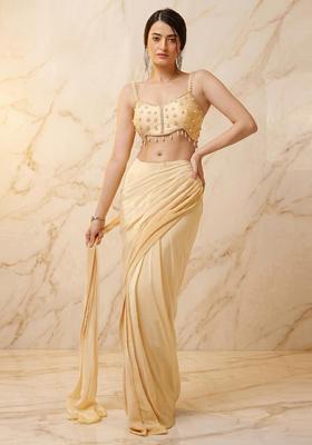 Yellow Embroidered Handwork Pre Draped Saree Set