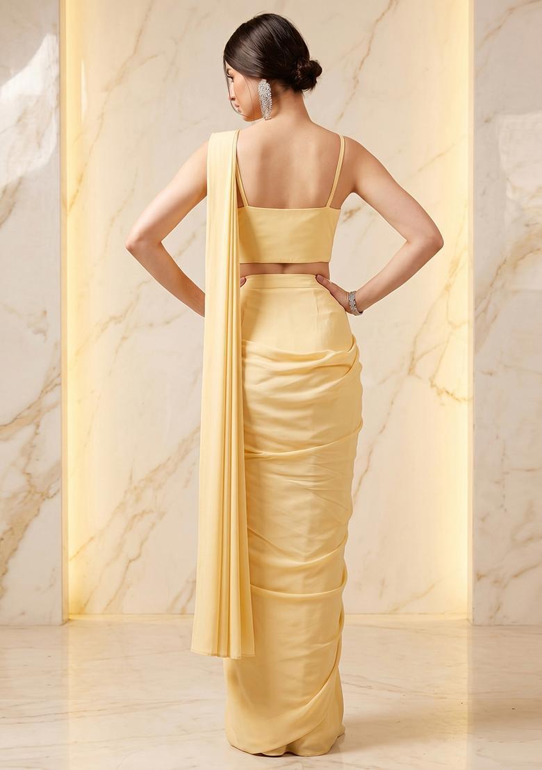 Yellow Embroidered Handwork Pre Draped Saree Set - Indya