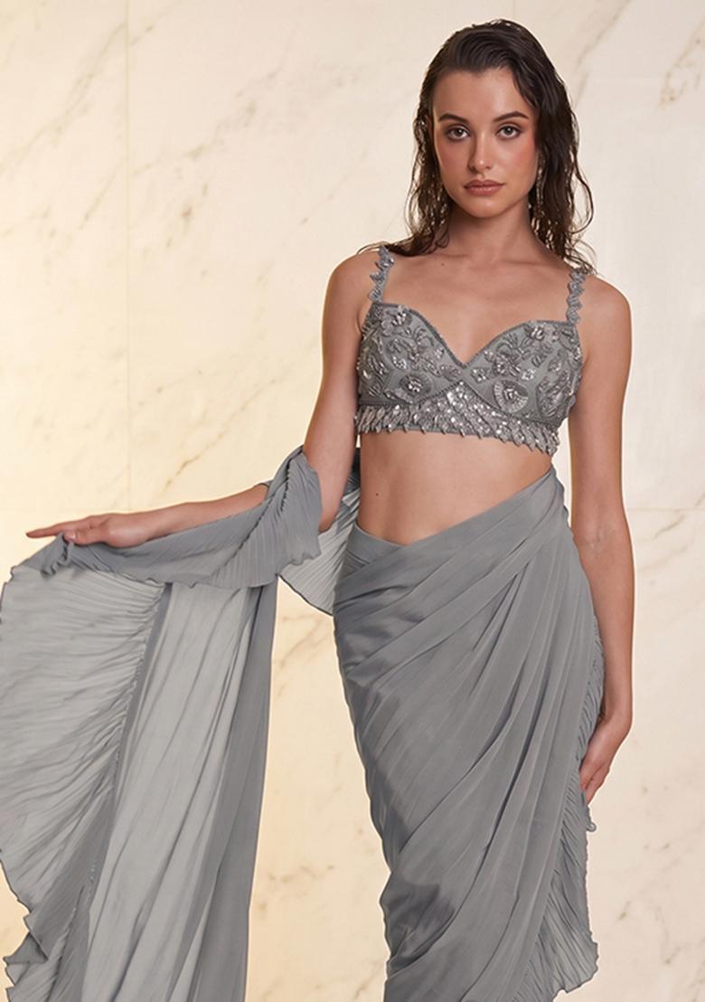Grey Embroidered Handwork Pre Draped Saree Set - Indya