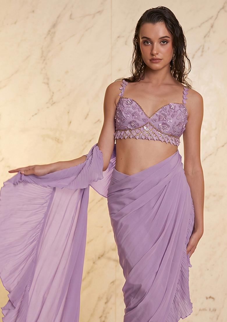 Lavender Embroidered Handwork Pre Draped Saree Set - Indya