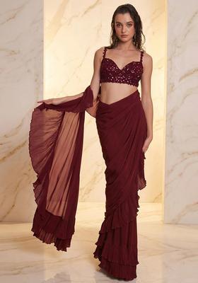Wine Embroidered Handwork Pre Draped Saree Set