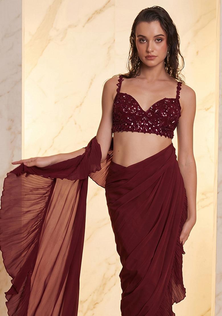 Wine Embroidered Handwork Pre Draped Saree Set - Indya