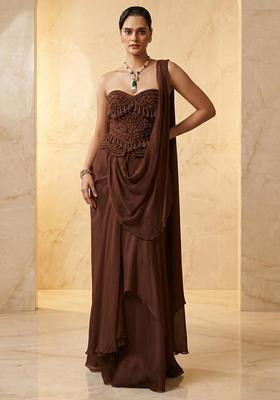 Brown Embroidered Handwork Pre Draped Saree Set