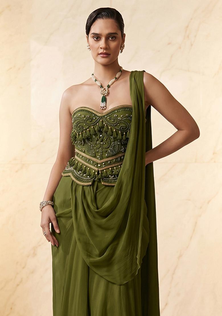 Olive Green Embroidered Handwork Pre Draped Saree Set - Indya
