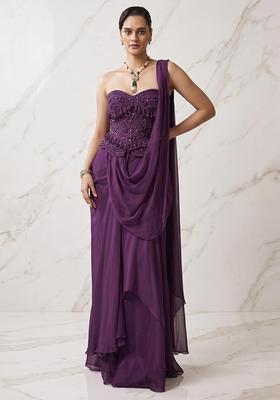 Plum Embroidered Handwork Pre Draped Saree Set