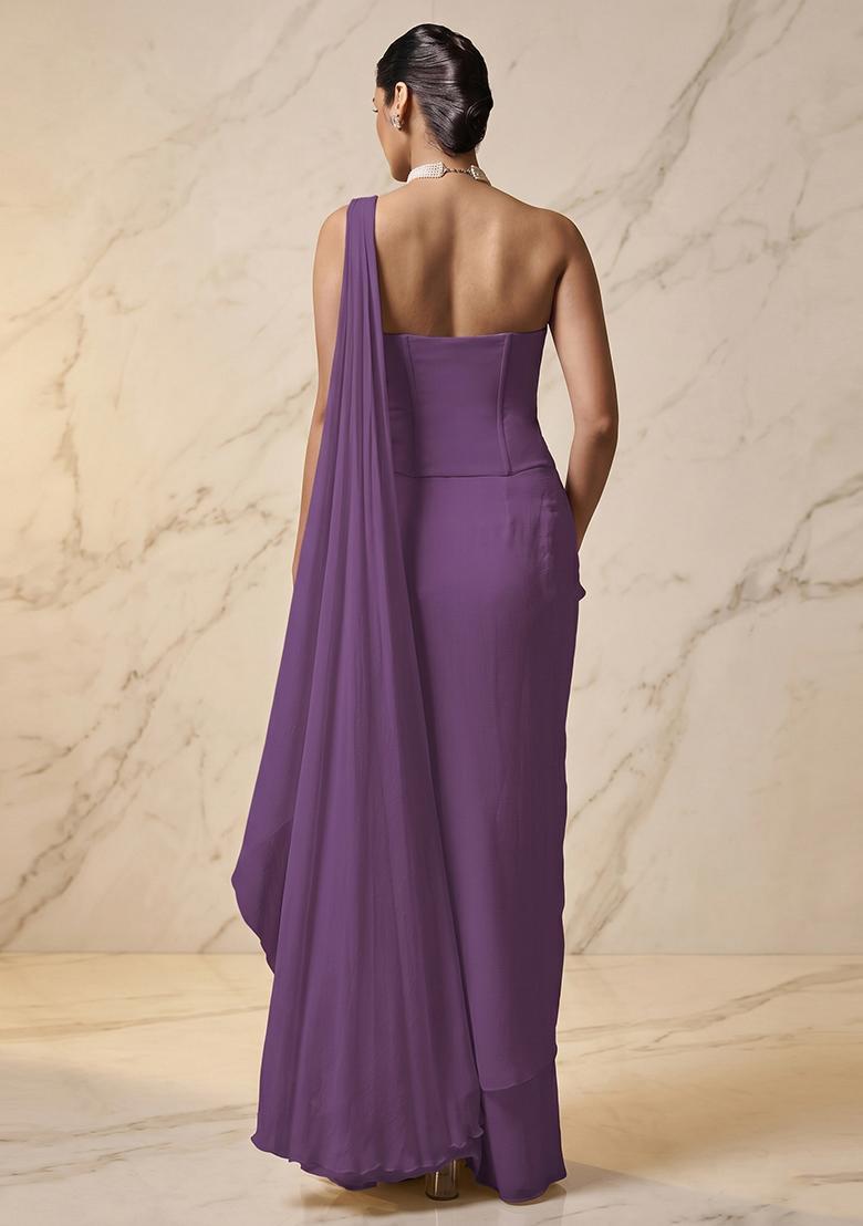 Plum Embroidered Handwork Pre Draped Saree Set - Indya