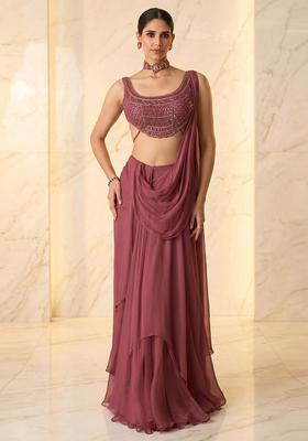 Mauve Embroidered Handwork Pre Draped Saree Set