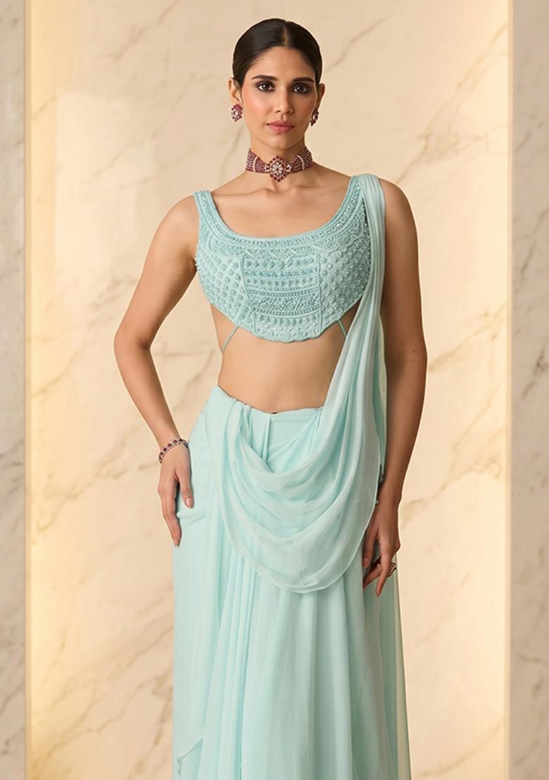Mint Embroidered Handwork Pre Draped Saree Set - Indya